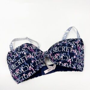 ✅ Victoria's Secret Blue with Pink Logo‎ Print Unlined No Wire 34D Bra